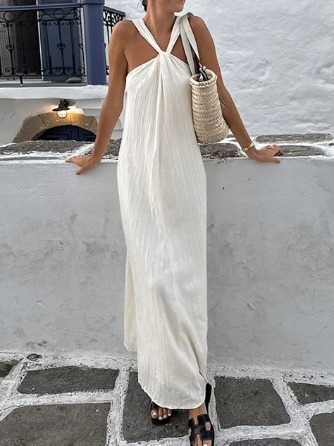 Loose Sleeveless Pleated Solid Color Spaghetti-Neck Maxi Dresses BEIGE-S Beige Dress Outfit, Beach Chic Fashion, Beach White Dress, Beige Outfit, Italy Outfits, Beige Dresses, Mini Dress Casual, Long Summer Dresses, Casual Office