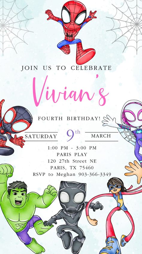 Marvel Spidey And His Amazing Friends Birthday Invitation, Spidey Birthday Invitations, Spidey Party Ideas, Spiderman Party Invitations, Spidey And Friends Party, Spidey And Friends Birthday Party, Spidey And His Amazing Friends Birthday, Super Hero Birthday Party Ideas, Spidey Birthday Party