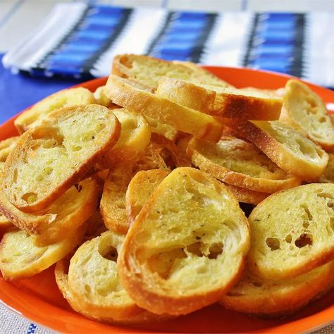 Crostini D'Emily Recipe Crostini Recipe, Homemade Garlic Butter, French Bread Recipe, Crostini Recipes, Baked Garlic, Recipes Appetizers And Snacks, Salad Bar, Basic Recipes, Appetizers For Party