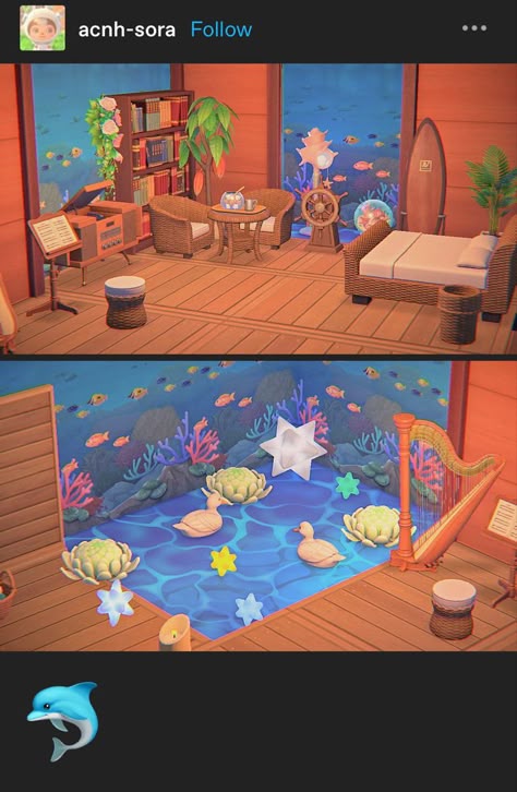 Acnh Submarine, Acnh Aquarium Room, Colorful Acnh Island, Acnh Gap Filler, Acnh Interior Designs, Animal Crossing Living Room, Acnh Map Design, Acnh Space Fillers, Animals Crossing