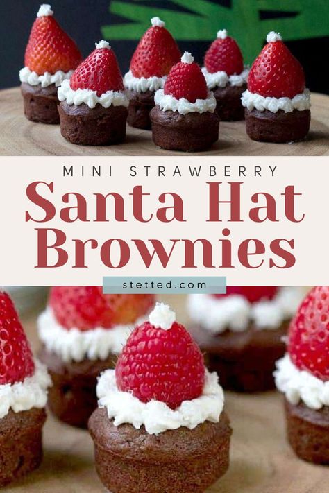 Spread the holiday cheer with these adorable Santa Hat Brownies! Get festive with this easy recipe that combines rich chocolatey brownies topped with delightful Santa hats. Perfect for seasonal gatherings and bringing joy to every bite! Easy Xmas Dessert, Santa Hat Brownies, Strawberry Santa Hats, Xmas Appetizers, Mini Santa Hat, Rich Chocolate Dessert, Christmas Finger Foods, Christmas Brownies, Strawberry Brownies