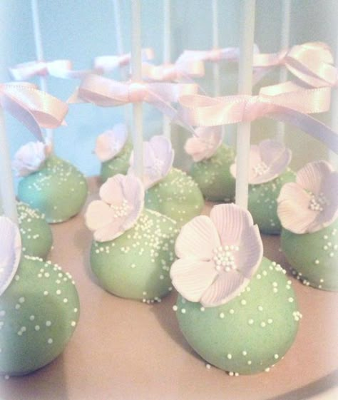 Pink And Green Cake Pops, Sage Green And Pink Cake Pops, Princess Tiana Cake Pops, Light Green Cake Pops, Mint Green Birthday Theme, Mint Green And Pink Party Decorations, Enchanted Forest Cake Pops, Princess And The Frog Cake Pops, Sage Green Quince Decorations