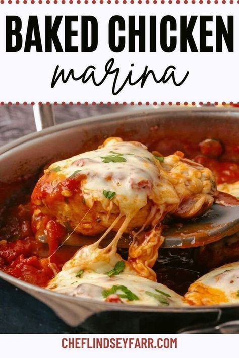 Baked Chicken Marinara is an easy recipe that has juicy chicken breasts seared and then baked in marinara sauce and topped with gooey mozzarella cheese. Perfect for a weeknight, this delicious meal will have everyone asking for seconds! Baked Chicken Marinara, Marinara Chicken, Chicken Marinara, Chicken Stock Recipe, Summer Chicken Recipes, One Pan Pasta, Easy Baked Chicken, Homemade Tomato Sauce, Yummy Chicken Recipes