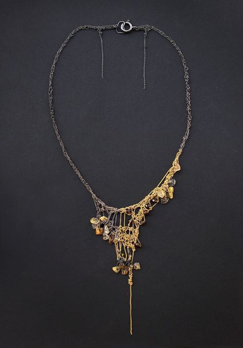 Necklace | Julia Berg. Crochet work with oxidized 925 italian silver chains, goldfilled chains, Smokey Quartz diamond cut beads & Ruliated Quartz chips Chips Necklace, Crochet Silver, Short Glass, Crochet Work, Rutile Quartz, Silver Chains, Unusual Jewelry, Creative Jewelry, Contemporary Jewellery