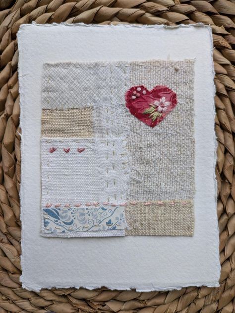 A hand stitched piece of textile art made from vintage linens, fabrics, paper and embroidery stitches. This pretty pink heart is made from vintage quilt fabric and embroidery stitches , slow stitches on to vintage linens and other fabrics.  This postcard would be perfect framed, displayed as it is or gifted with a handwritten note on the reverse.  The textile piece measures  10x9cm and is tacked on to a piece of irregular  handmade paper measuring approximately 11x15cm. Vintage Quilt Fabric, Vintage Quilt, Handmade Embroidery, Vintage Quilts, Vintage Linens, Quilt Fabric, Handmade Paper, Pretty Pink, Embroidery Art