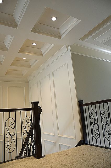 Transitions between ceiling and...    I really likethe ceiling detail for the stairwell, even for the kitchen... Coffered Ceiling Transition, Coffered Ceiling Recessed Lights, Timber Coffered Ceiling, Shallow Coffered Ceiling, Ceiling Coffers, Classic Wainscoting, Waffle Ceiling, Hallway Ceiling, Farm Style House