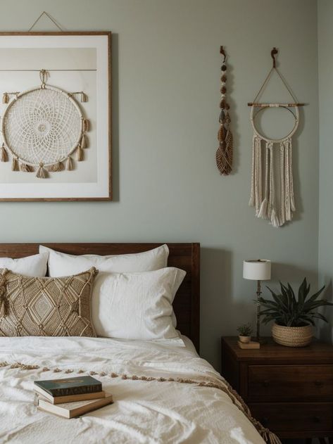 Enhance the artistic feel of your bedroom with a gallery wall of framed prints or paintings. Incorporate a macrame wall hanging or a dreamcatcher for a bohemian touch. Dream Catcher In Bedroom, Dream Catcher Bedroom, Diy Farmhouse Decor, Apartment Design, Cozy Bedroom, Macrame Wall, Macrame Wall Hanging, Dream Catcher, Farmhouse Decor