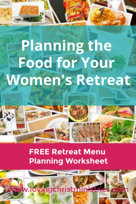 Planning food for a women's retreat or large group doesn't have to be overwhelming. Use this free checklist to organize and plan all things food related. #womensministry #ministryideas #retreatresources #womensretreats #christianwomen #mealplanning Retreat Dinner Ideas, Yoga Retreat Menu Ideas, Retreat Meal Ideas, Wellness Retreat Meals, Retreat Menu Ideas, Retreat Food Ideas, Retreat Food, Women Retreat, Retreat Planning