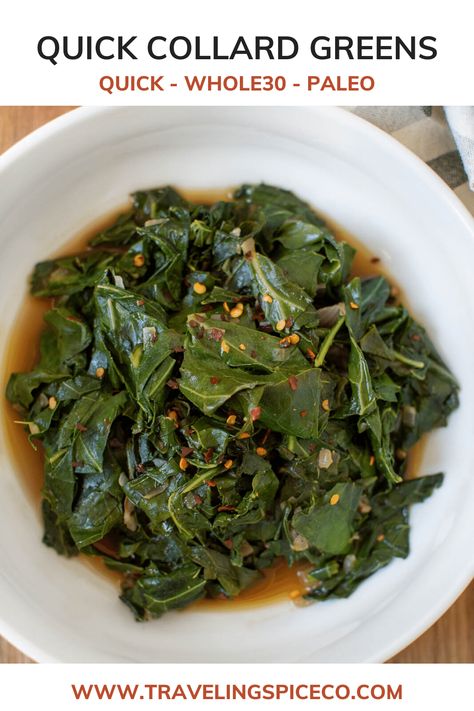 Quick Collard Greens – Simple and delicious, these garlicky collard greens make a great side dish or main course, and they're ready in less than 30 minutes. #whole30sidedish #whole30vegetables #whole30 #collardgreens Quick Collard Greens Recipe, Chicken Recipes For Dinner, Collard Greens Recipe, Delicious Paleo Recipes, Fancy Dinner Recipes, Paleo Snacks, Recipes For Dinner, Paleo Whole 30, Food Articles