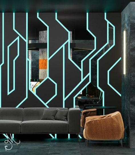 Futuristic Gaming Bedroom, Gaming Wall Design, Futuristic Game Room, Gaming Interior Design, Gaming Room Wall Design, Gaming Center Interior, Game Center Design Ideas, Gaming Center Design, Game Store Design