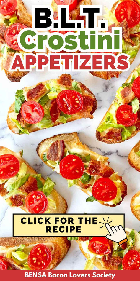 Ten BLT Crostini appetizers on a marble tray. Blt Appetizer, Blt Bites, Crostini Appetizer, Baby Shower Appetizers, Shower Appetizers, Party Crowd, Crostini Appetizers, Bacon Appetizers, Crowd Pleasing Appetizers