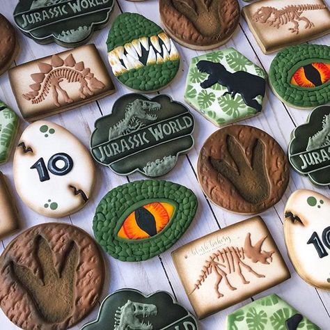 Jurassic World dinosaur cookie Jurassic World Cake, 3rd Birthday Party For Boy, Jurassic Park Birthday Party, Dinosaur Birthday Theme, Jurassic Park Party, Jurassic Park Birthday, Dinosaur Birthday Party Decorations, Dinosaur Birthday Cakes, Dinosaur Cookies