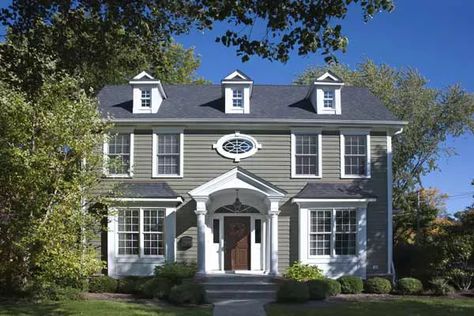 Paint Color Ideas for Colonial Revival Houses - This Old House Colonial Revival House, Fine Paints Of Europe, Colonial House Exteriors, Gray House, Colonial Exterior, Casas Coloniales, Exterior Paint Colors For House, Casa Exterior, Colonial Revival