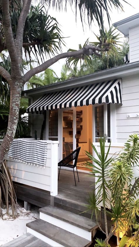 Striped Awning House, Balcony Diy, Awning Ideas, Potting Bench Ideas, Beach House Garden, Pool House Design, Bahama Shutters, House Awnings, Australian House