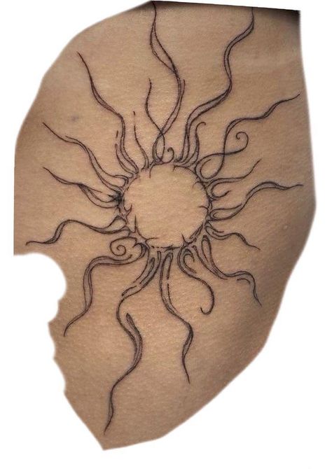 Spiral Vine Tattoo, Lower Back Sun Tattoos, Wavy Sun Tattoo, Gothic Sun Tattoo, Whimsical Sun Tattoo, Sun Tattoo On Leg, Symmetrical Thigh Tattoos, Sun Tattoo Big, Elbow Sun Tattoo