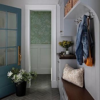 Blue Mudroom and Laundry Room Combo - Transitional - Laundry Room Black Beadboard Backsplash, Gray Mudroom, Blue Mudroom, Beadboard Trim, Shiplap Trim, Gray Shiplap, Transitional Laundry Room, Mudroom Cabinets, Blue Shelves