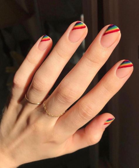 30+ Best Pride Nail Ideas That'll Brighten Your Outfits : Rainbow Side French Short Nails I Take You | Wedding Readings | Wedding Ideas | Wedding Dresses | Wedding Theme Pride Nail Ideas, Pride Nail, Bright Colored Nails, Pride Nails, Wedding Readings, Moon Nails, Nude Nail Designs, French Nail Art, Simple Gel Nails