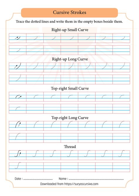 Cursive Strokes Worksheet | SuryasCursive.com Pre Cursive Writing Strokes, Cursive Patterns Worksheet, Handwriting Strokes To Practice The Alphabet, Strokes Worksheet For Kids, Cursive Strokes, Cursive Writing For Kids, Cursive Handwriting Sheets, Writing Strokes, Cursive Small Letters