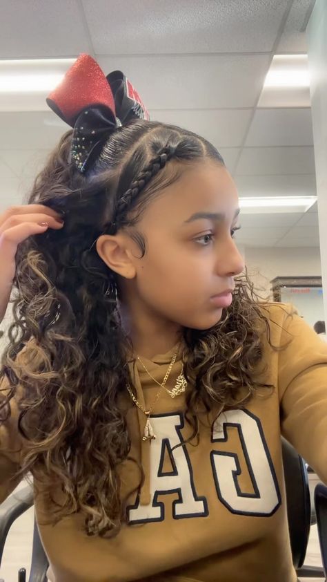 lani <3 | •hair inspo by the lovely @top_erika16 this is too cute😋 • •what hairstyle should i do next ? dm me a picture or video :) • • • •i do not... | Instagram Cheer Hairstyles For Curly Hair, Curly Hair Cheerleader, Chassy Roman Hairstyles, Cheer Curly Hairstyles, Curly Cheer Hairstyles, Cheer Hairstyles Curly Hair, Cute Cheer Hairstyles With Bow, Cute Cheer Hairstyles, Cheer Hairstyles