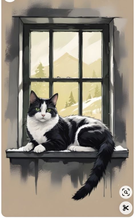 Cat On Windowsill Drawing, Cat Digital Painting, Serene Art, Tuxedo Cat Art, Wind Drawing, Ipad Illustration, Winter Watch, Dream Drawing, Black White Cat