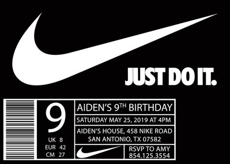 Nike Invitation, Shoe Birthday Party, Nike Birthday, Nike Party, Cricut Pictures, Logos Nike, Birthday Party Card, Birthday Filter, Nike Shoe