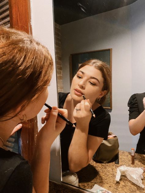 Person Doing Makeup In Mirror, Girl Doing Makeup In Mirror, Doing Makeup In Mirror, Getting Ready In Mirror, Getting Ready Mirror, Work Bathroom, Girls Getting Ready, Fix Makeup, Doing Makeup