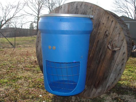 Shape rectangular to fit in corner of stall & accommodate shape hay flakes. Lid at 4'. Slope more gradually up and to a higher point. flip lid with concealed latch that horse cannot touch. round holed plastic grate. make sure feeder front is completely smooth and no way horse can bang head or cut itself on any surface. pick a color that is light but doesn't show dirt badly - a light brown? Garbage Can Hay Feeder, Stall Hay Feeder For Horses, Horse Hay Feeder Ideas, Diy Horse Feeder, Diy Hay Feeder For Horses, Horse Feeder Ideas, Horse Feeder Diy, Hay Hut, Horse Slow Feeder