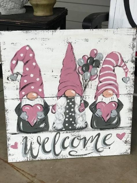 Gnomes Painting, Gnome Painting, Gnome Paint, Gnome Pictures, Idee Cricut, Barn Wood Crafts, Wooden Welcome Signs, Diy Valentines Decorations, Canvas Painting Diy