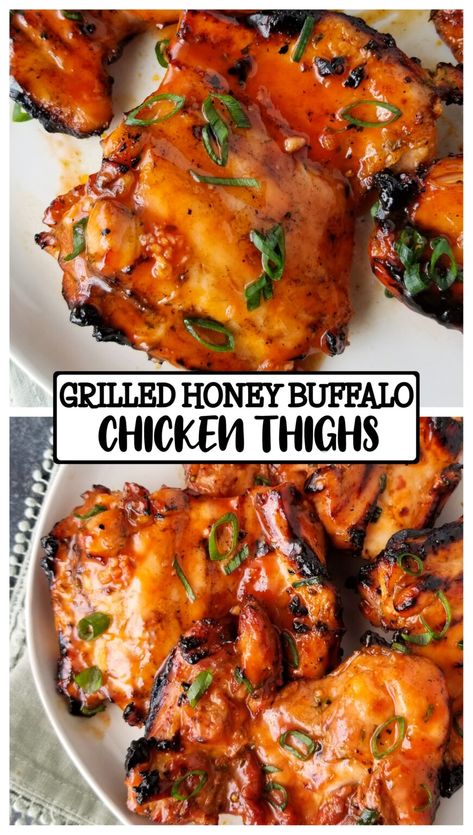 Grilled Honey Buffalo Chicken Thighs - Amanda Cooks & Styles Bbq Chicken Thighs Grilled, Honey Buffalo Sauce, Chicken Thighs Grilled, Buffalo Chicken Thighs, Honey Buffalo Chicken, Grilled Side Dishes, Bbq Chicken Thighs, Sweet And Spicy Chicken, Grilled Chicken Thighs