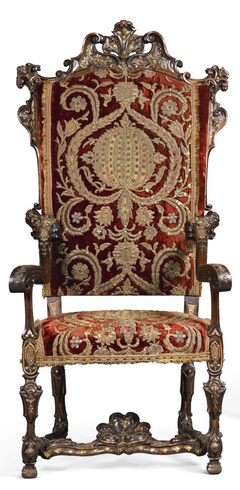 A PAIR OF ITALIAN PARCEL-GILT CARVED WALNUT THRONE ARMCHAIRS, POSSIBLY VENICE LATE 19TH C., upholstered in velvet and metal-thread appliqued panels, probably Venetian, 18th c. H.: 167cm.; 65¾in. Provenance: Christie's London, Collection of Rudolf Nureyev, 20/21 November 1995, lot 1127; Christie's London, 14 November 2002, lot 291. Rudolf Nureyev, 21 November, Motif Art Deco, Antique Chairs, Sofa Chair, Needlepoint, Venice, 19th Century, Walnut