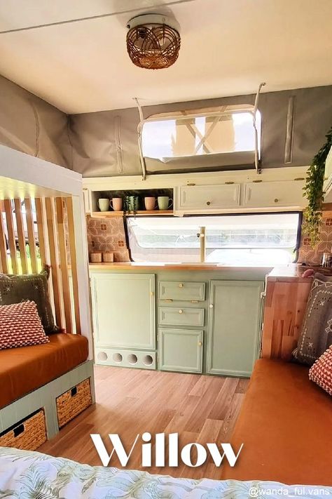 Interior view of a renovated caravan showing the kitchen and sitting areas, with text overlay: Willow. Caravan Interior Ideas, Caravan Bunk Beds, Caravan Bunks, Caravan Renovation Diy, Family Caravan, Vintage Caravan Interiors, Diy Caravan, White Upper Cabinets, Smart Interior Design