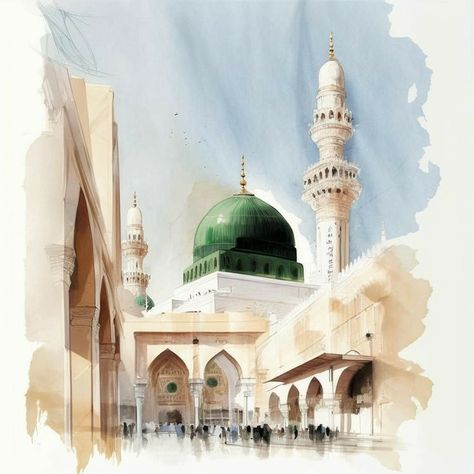 Madina Munawara, Social Media Images Design, Mekka Islam, Watercolor House Painting, Medina Mosque, Arabic Calligraphy Painting, Islamic Art Canvas, Mosque Art, Islamic Caligraphy Art