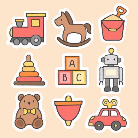 Kid toys sticker hand drawn cartoon collection | Premium Vector #Freepik #vector #logo #car #icon #hand Iconic Stickers, Sticker Design Ideas, Toy Drawing, Toys Stickers, Car Icon, Diy Photo Book, Toys Cartoon, Logo Car, Stickers Design