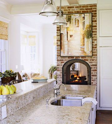 Kitchen Fireplace, two sided from family room to the kitchen would be ideal in dream home. #Better Homes and Gardens Dream Home Fireplace Two Sided, Garage Suite, Two Sided Fireplace, Double Sided Fireplace, Small Fireplace, Kitchen Fireplace, Fireplace Ideas, Home Fireplace, Living Room Remodel