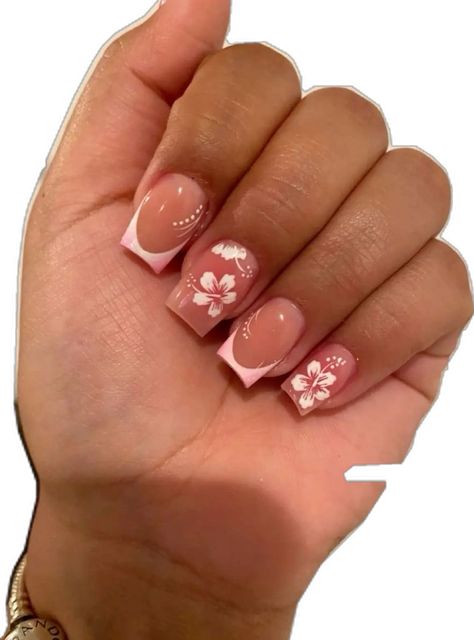 Flower Summer Nails, Hawaiian Flower Nails, Holiday Acrylic Nails, Spring Acrylic Nails, Spring Nail Designs, Short Square Nails, Nails Only, White Tip, Pedicure Nail Art