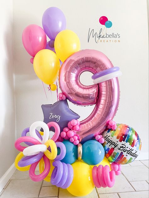 Number 9 Balloon Bouquet, 8 Birthday Balloon Bouquet, 8 Balloon Bouquet, Easter Balloon Bouquet Ideas, Rainbow Balloon Bouquet, Lisa Frank Birthday Party, Bouquet Balloons, Rainbow Bouquet, Baby Shower Girl Diy