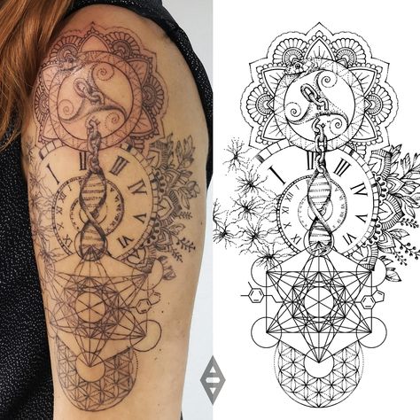 Clock Geometric Tattoo, Geometric Traditional Tattoo, Henna Paisley, Sagittarius Tattoo Designs, Dotwork Mandala, Flower Of Life Tattoo, Dna Tattoo, Mandala Henna, Geometric Mandala Tattoo