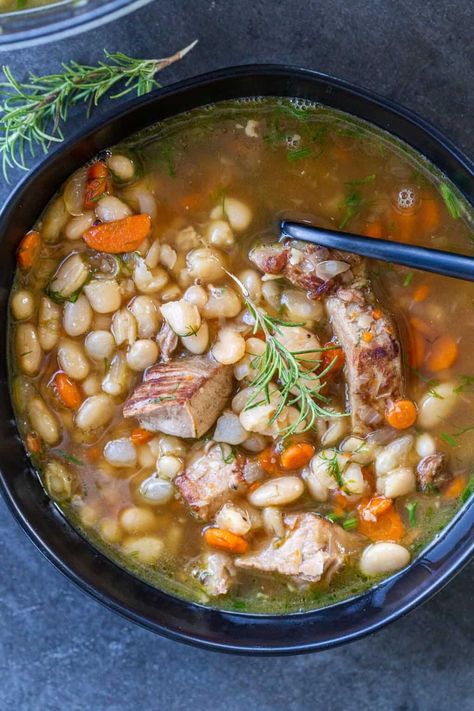 Grandma's White Bean Soup (The Best) - Momsdish Pork And White Bean Soup, Pork Soup Recipes, Olive Garden Minestrone Soup, Wonton Soup Recipe, Navy Bean Soup, Instant Pot Pork Chops, Pork Chops And Gravy, Pork Soup, Ham And Beans