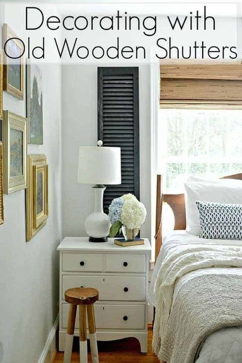 Shutters Decor Living Room, Shutters In Bedroom, Navy Painted Furniture, Old Shutters Decor, Old Wooden Shutters, Shutters Repurposed Decor, Bedroom Shutters, European Apartment, Guest Room Essentials