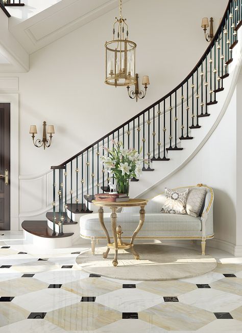 Staircase Design Luxury Classic, Entry Staircase Ideas, Classic Staircase Design, Classical Staircase, Classic Stairs Design, Industrial Staircase Design, Foyer Paint, Classic Staircase, Foyer Wall Decor