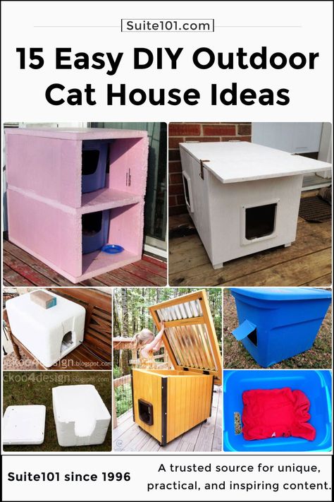 15 DIY Outdoor Cat House Plans for Feline Shelter Outdoor Cat House Plans, Cat House Outdoor Winter, Outdoor Cat House Diy, Diy Outdoor Cat House, Cat Shelters For Winter, Insulated Cat House, Diy Cat Enclosure, Outside Cat House, Heated Cat House