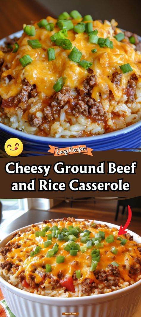 Dive into layers of flavor with our Cheesy Ground Beef and Rice Casserole. This hearty dish combines savory beef, fluffy rice, and a generous sprinkle of cheese, all baked to golden perfection. #BeefCasserole #CheesyDinner #FamilyMeal Beef Rice And Cheese Casserole, Taco Rice Bake Casserole, Ground Beef Rice Meal Prep, Cheesy Ranch Ground Beef And Rice, White Rice And Ground Beef Recipes, Cheesy Beef And Rice Casserole, Ground Beef Over Rice, Cheap Rice Dinners, Ground Beef And Cheese Recipes