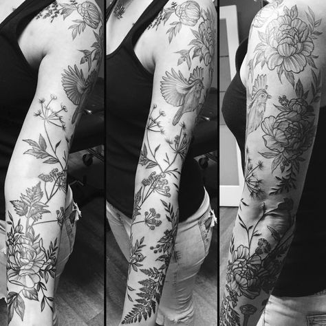 Black And White Nature Tattoo Sleeve, Woodland Theme Tattoo Sleeve, Secret Garden Tattoo Sleeve, Botanical Patchwork Sleeve Tattoo, Woodland Sleeve Tattoo, Insect Sleeve Tattoo, Scatter Sleeve Tattoo, Minimalist Sleeve Tattoo, Nature Themed Sleeve Tattoo