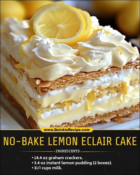 quicker recipes | No-bake Lemon Eclair Cake | Facebook Lemon Eclair Cake No Bake, No Bake Peanut Butter Eclair Cake, Lemon Eclair Cake, No Bake Lemon Eclair Cake, Lemon Eclair, Dessert Graham, Lemon Lime Desserts, Graham Dessert, Eclairs Dessert