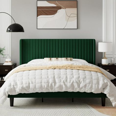 Sifurni King Size Velvet Platform Bed Frame with Vertical Channel Tufted Wingback Headboard, Green - Walmart.com Green Tufted Headboard, Forest Green Headboard, Green Velvet Bed Bedroom Ideas, Dark Green Headboard Bedroom Ideas, Green Velvet Bed Frame Bedroom Ideas, Emerald Green Bed Frame, Green Bed Ideas, Dark Green Headboard, Green Bed Frame Bedroom Ideas