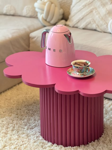 Baby Raspberry Cloud ☁️ Unique coffee table handcrafted for you by me.  The table is very well protected from the inside with a hand-made wooden structure.  Fluted legs table are made of wooden mouldings.  The table top is made of plywood (MDF board) and painted with acrylic paint.  The table can be painted in any colour you wish. Just text me and we will try to find a perfectly matching colour especially for you.  It is also possible to personalise the table in terms of height and width of the Pink Coffee Table, Fluted Table, Funky Table, Funky Living Rooms, Handmade Coffee Table, Unique Coffee Table, Apartment Decor Inspiration, Colorful Table, Unique Coffee