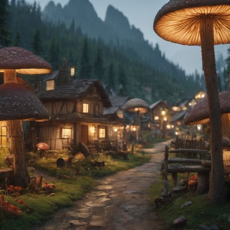 A mushroom town made by AI Mushroom Kingdom Aesthetic, Mushroom Town, Mushroom City, Mushroom World, Fantasy Town, Little Mushroom, Mushroom Kingdom, Book Vibes, Mushroom Forest