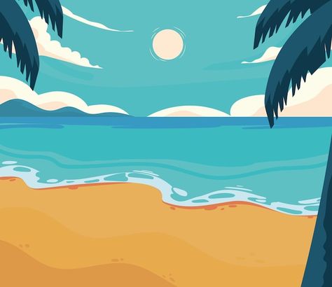 Beach Cartoon, Systems Art, Beach Clipart, Beach Illustration, Beach Background, Pretty Landscapes, Cartoon Background, Beach Scene, Vector Drawing