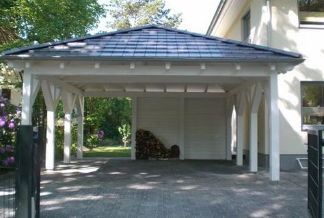 wooden carport two cars driveway car parking ideas Carport Addition, Wooden Carports, Carport Modern, Modern Carport, Hipped Roof, Carport Plans, Pergola Carport, Carport Garage, Carport Designs