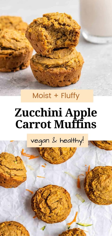 Packed with fruits and veggies, these zucchini apple carrot muffins are great as a breakfast or snack! They are moist, fluffy, yet incredibly hearty and filling. This one-bowl recipe is also easy to make and ready in no time! Apple Carrot Muffins, Muffin Vegan, Courgette Cake, Carrot Zucchini Muffins, Carrot Zucchini, Zucchini Carrot, Veggie Muffins, Carrot Muffins, Vegan Muffins